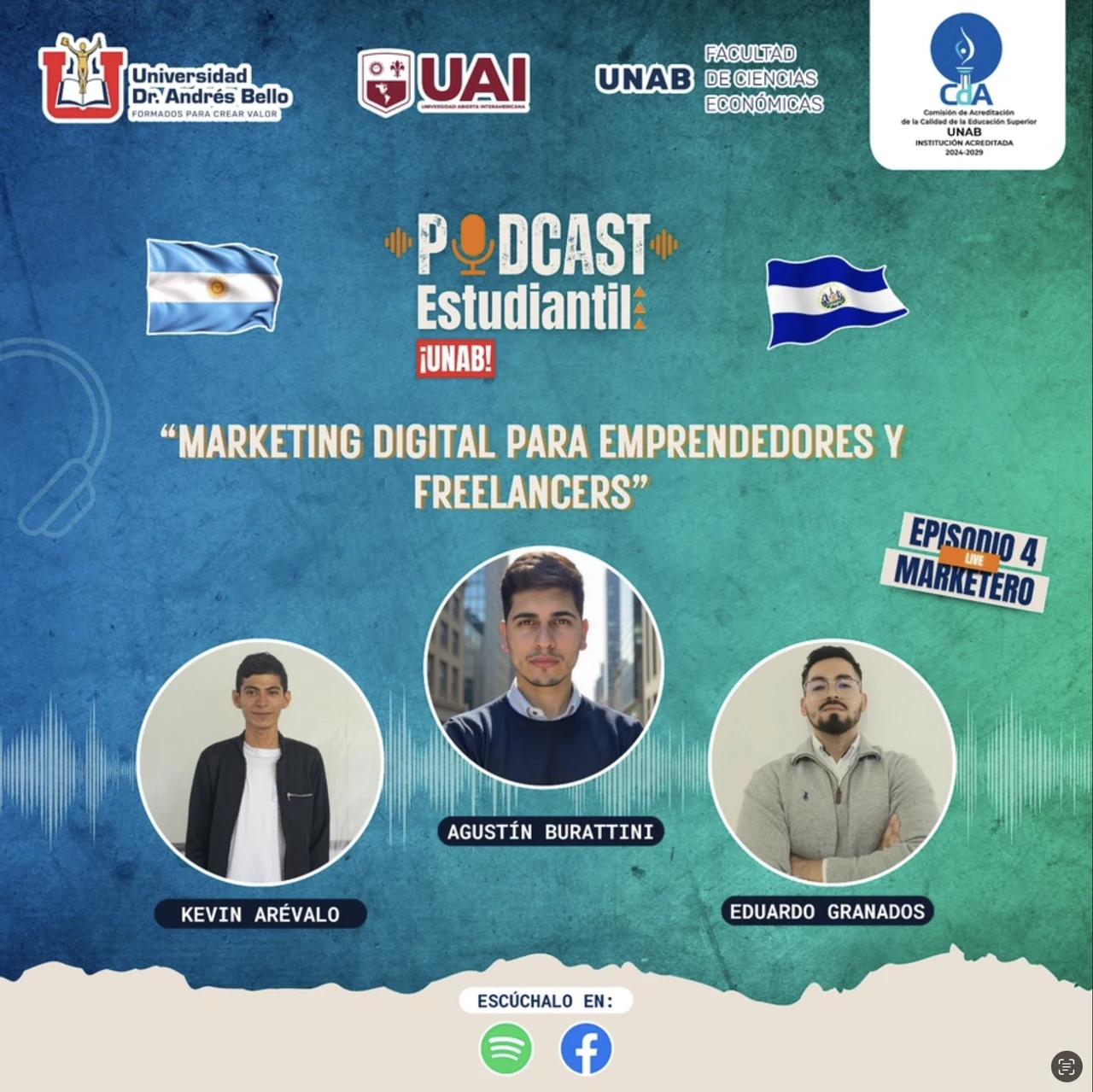 Invitación al podcast de marketing digital para emprendedores y freelancers de UAI y UNAB