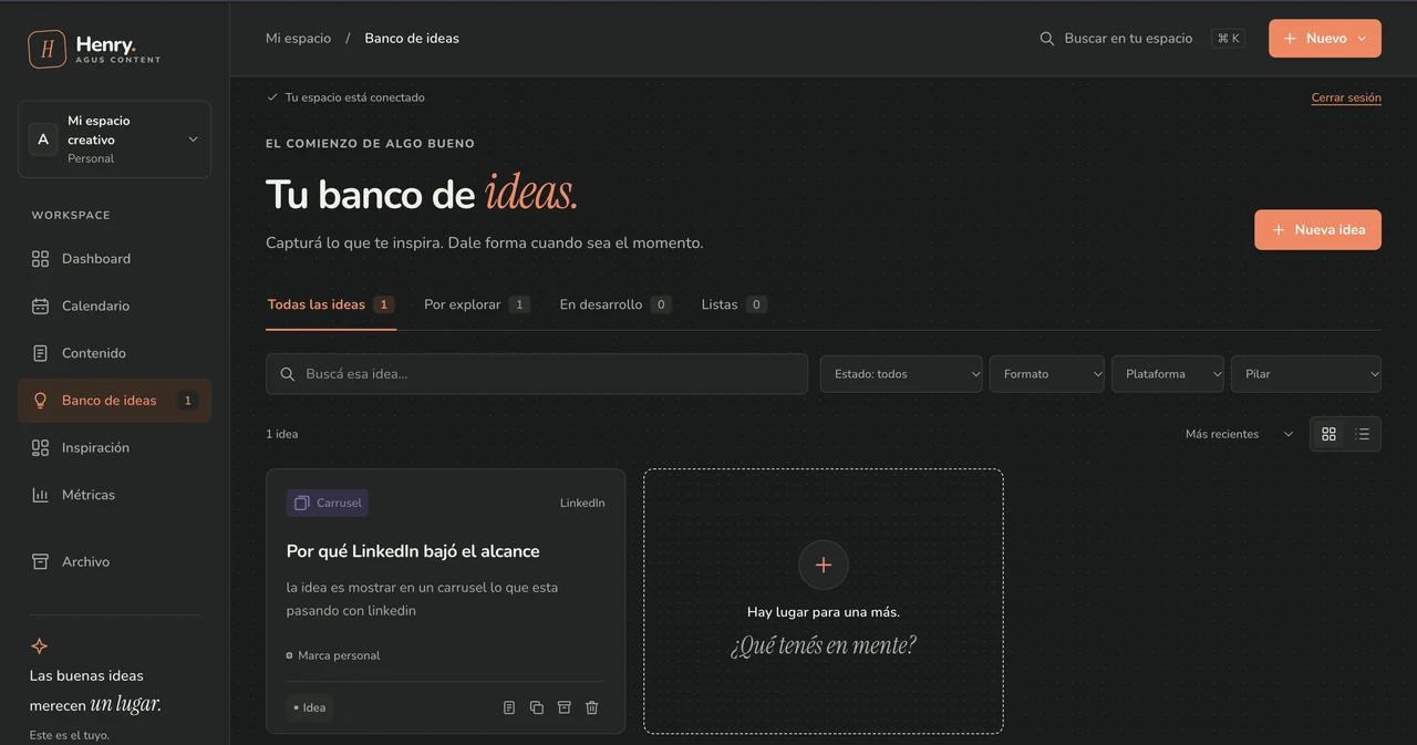 Henry: banco de ideas con tarjetas y filtros