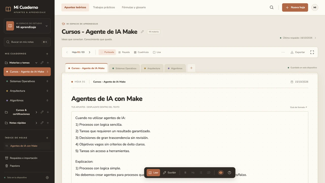 Mi Cuaderno: curso Agentes de IA con Make y editor de notas