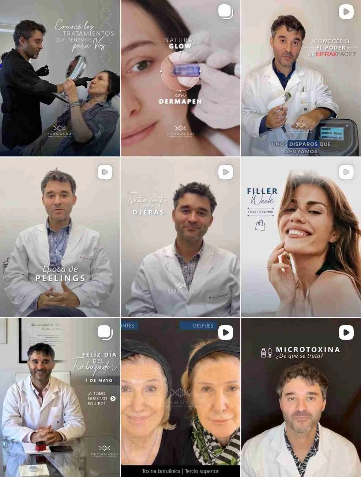 Archivo de publicaciones y reels de dermatología del Dr. Pergolezi